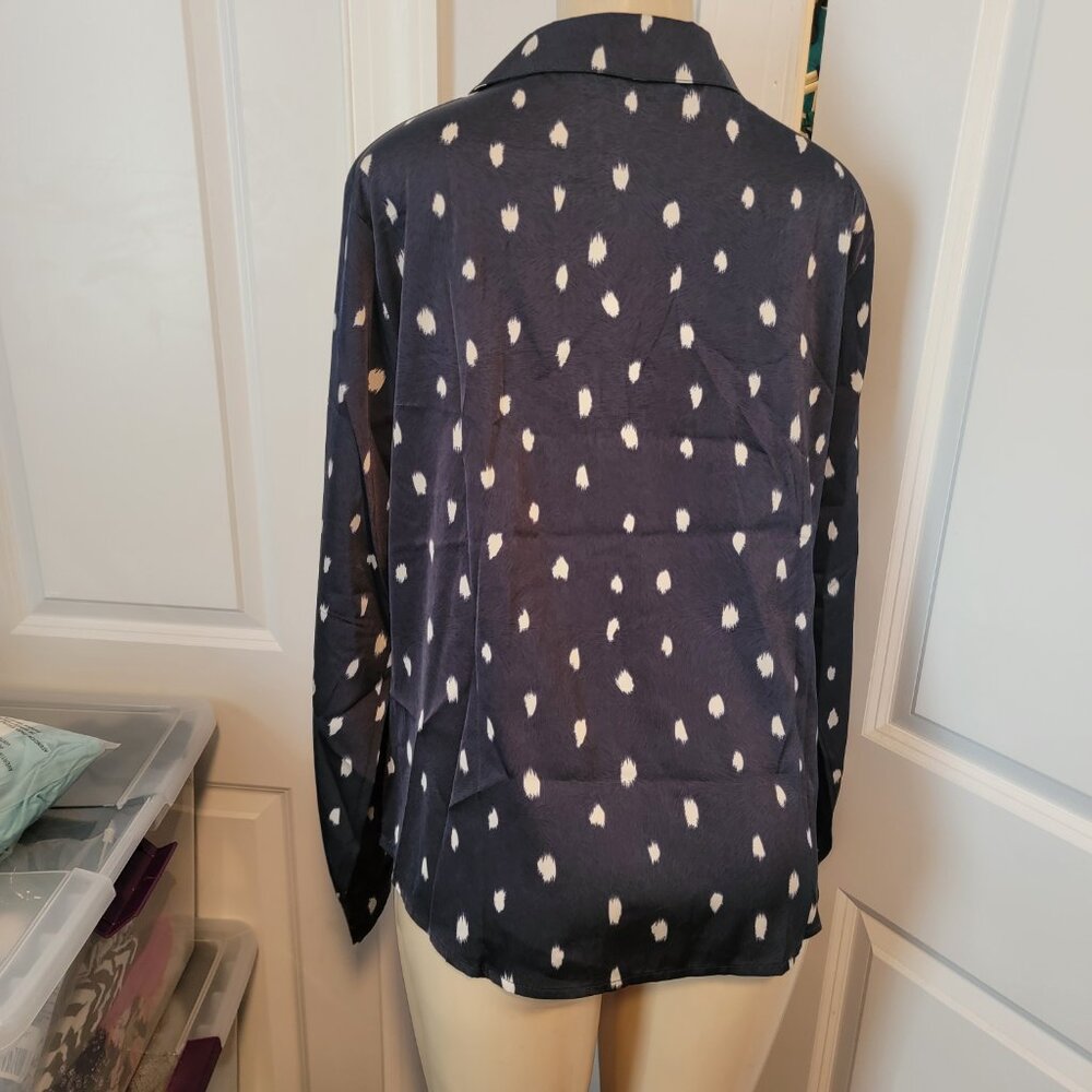 Allegra K Women's Satin Polka Dots Blouse Elegant Camp Collar Long Sleeve - Picture 8 of 15